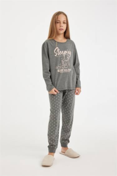Kız Çocuk Pijama Takımı Baskılı Uzun Kollu Üst Beli Lastikli Uzun Alt