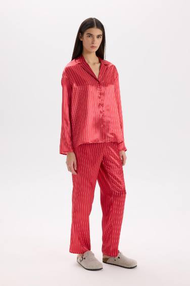 Pijama Takım Saten Uzun Kollu Düğmeli Üst Beli Lastikli Uzun Alt-Fall in Love