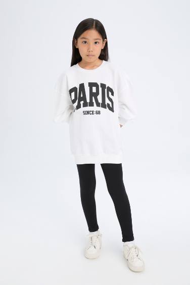 Kız Çocuk 2'li Takım Baskılı Sweatshirt Uzun Tayt