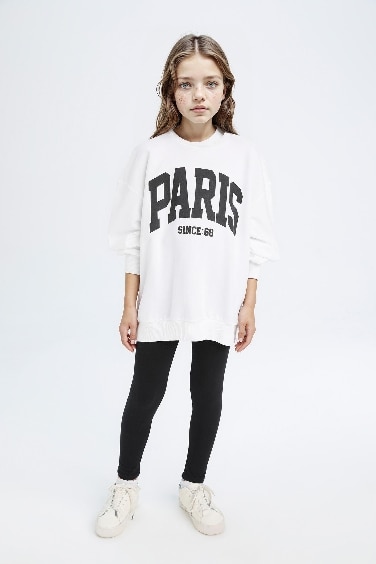 Kız Çocuk 2'li Takım Baskılı Sweatshirt Uzun Tayt