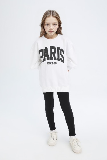 Kız Çocuk 2'li Takım Baskılı Sweatshirt Uzun Tayt