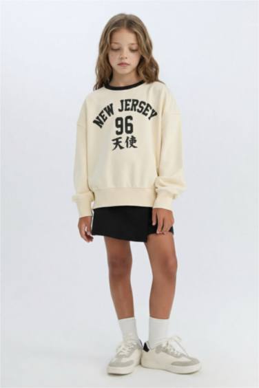 Kız Çocuk 2'li Takım Baskılı Sweatshirt Şort Etek