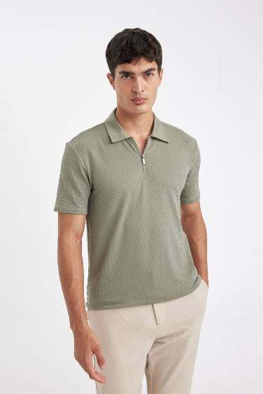 Slim Fit Half Zipper Crinkle Polo Shirt