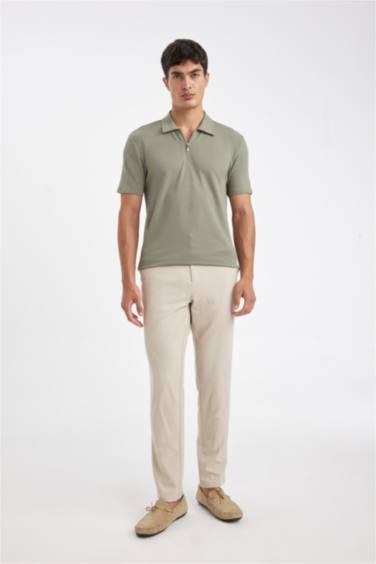 Slim Fit Half Zipper Crinkle Polo Shirt