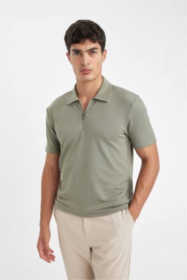 Slim Fit Half Zipper Crinkle Polo Shirt