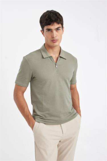 Slim Fit Half Zipper Crinkle Polo Shirt