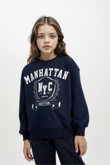 Kız Çocuk Relax Fit Bisiklet Yaka Baskılı Sweatshirt