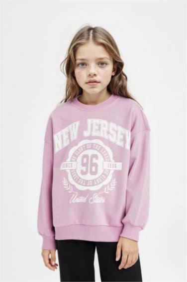 Relax Fit Bisiklet Yaka Baskılı Sweatshirt Kız Çocuk
