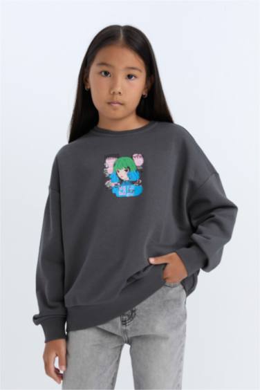 Kız Çocuk Relax Fit Bisiklet Yaka Baskılı Sweatshirt
