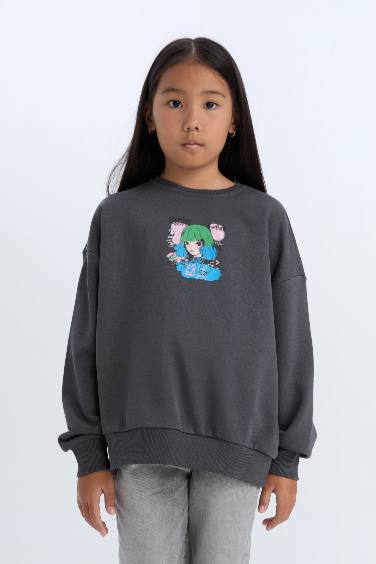 Kız Çocuk Relax Fit Bisiklet Yaka Baskılı Sweatshirt