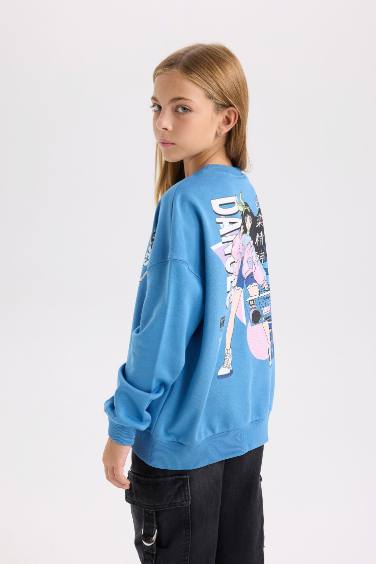 Kız Çocuk Relax Fit Bisiklet Yaka Sırt Baskılı Sweatshirt