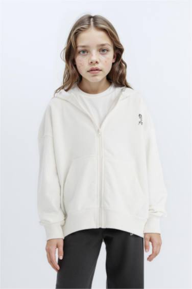 Oversize Geniş Kalıp Kapüşonlu Baskılı Fermuarlı Sweatshirt Kız Çocuk
