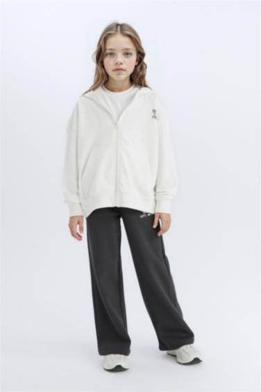 Oversize Geniş Kalıp Kapüşonlu Baskılı Fermuarlı Sweatshirt Kız Çocuk