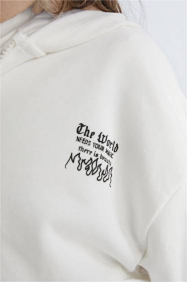 Oversize Geniş Kalıp Kapüşonlu Baskılı Fermuarlı Sweatshirt Kız Çocuk