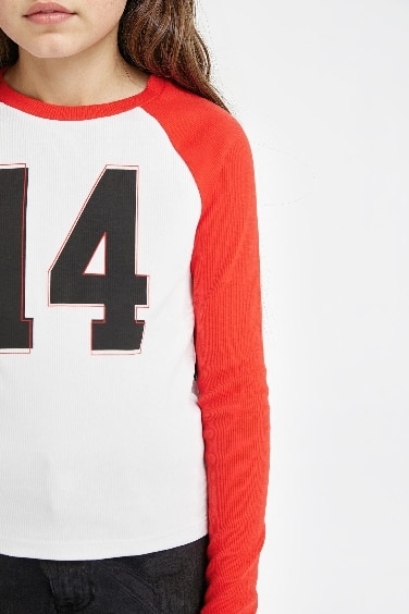 Kız Çocuk Bisiklet Yaka Baskılı Fitilli Kaşkorse Uzun Kollu Tişört