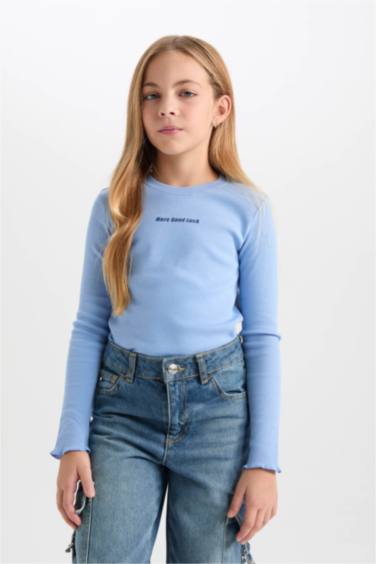 Kız Çocuk Bisiklet Yaka Baskılı Fitilli Kaşkorse Uzun Kollu Tişört