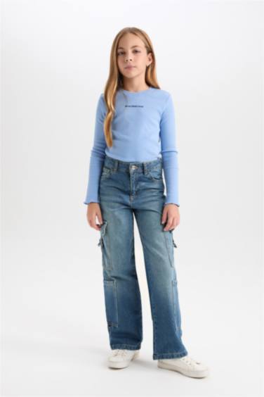 Kız Çocuk Bisiklet Yaka Baskılı Fitilli Kaşkorse Uzun Kollu Tişört