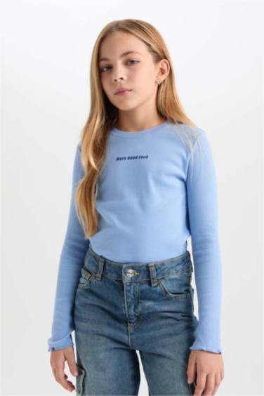 Kız Çocuk Bisiklet Yaka Baskılı Fitilli Kaşkorse Uzun Kollu Tişört