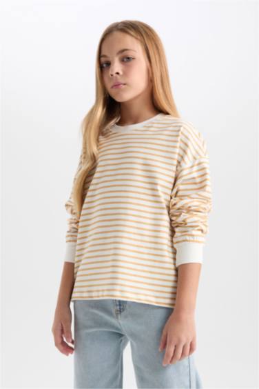 Relax Fit Bisiklet Yaka Çizgili Sweatshirt Kız Çocuk