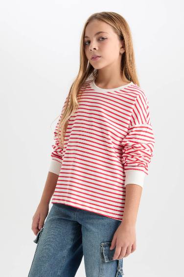Kız Çocuk Relax Fit Bisiklet Yaka Çizgili Sweatshirt