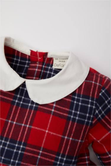 Kız Bebek Yenidoğan Yılbaşı Temalı 2'li Takım Bebe Yaka Kareli Flanel Elbise Külotlu Çorap