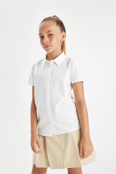 Girl Poplin Short Sleeve White School Shirt