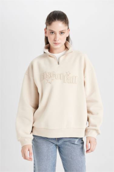 Loose Fit Yarım Fermuarlı Dik Yaka Baskılı Kalın Sweatshirt