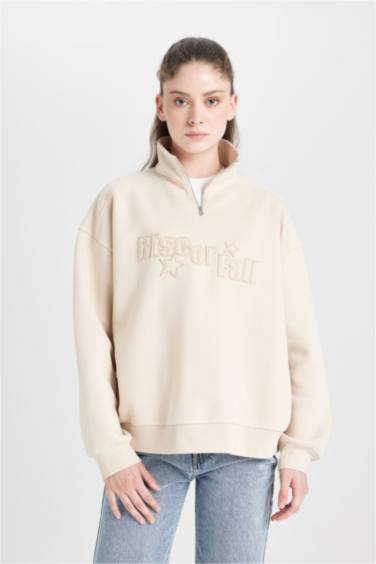 Loose Fit Yarım Fermuarlı Dik Yaka Baskılı Kalın Sweatshirt