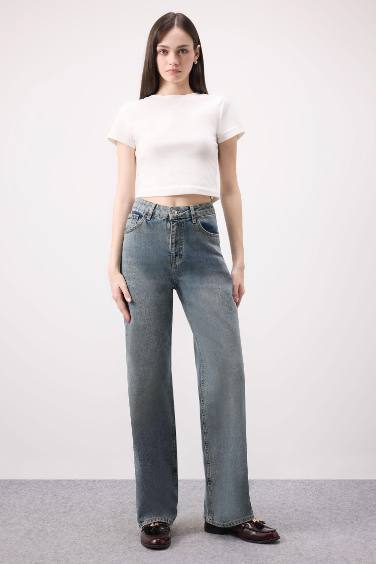 90's Wide Leg High Waist Long Washed Jeans