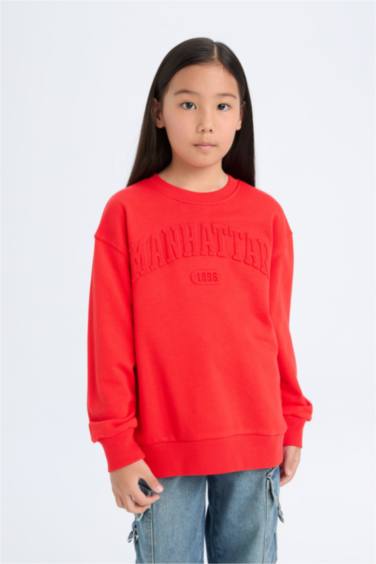 Kız Çocuk Kırmızı Bisiklet Yaka Baskılı Sweatshirt