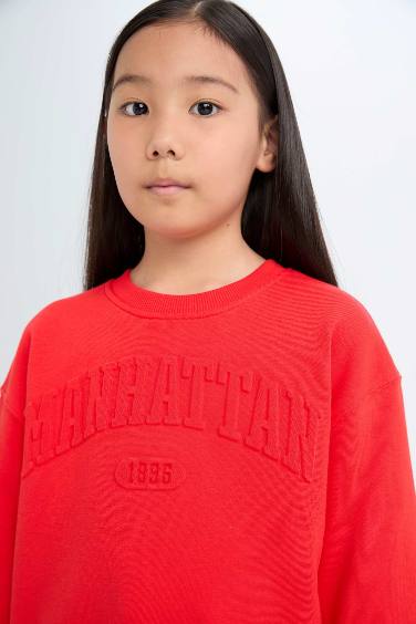 Kız Çocuk Kırmızı Bisiklet Yaka Baskılı Sweatshirt