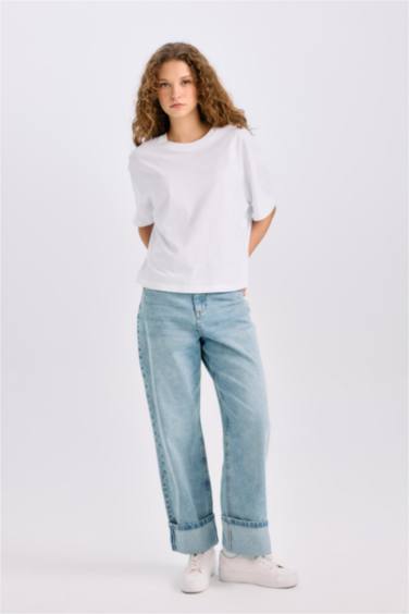 سروال جينز قصة مريحة بخصر عالي