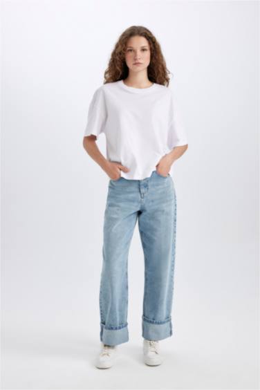 سروال جينز قصة مريحة بخصر عالي