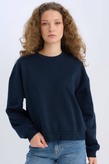 Regular Fit Bisiklet Yaka Kalın Basic Düz Sweatshirt