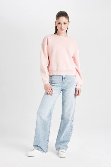 Regular Fit Bisiklet Yaka Kalın Basic Düz Sweatshirt