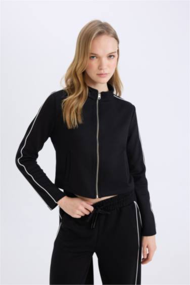 Fitted Dik Yaka Basic Düz Modal Fermuarlı Hırka