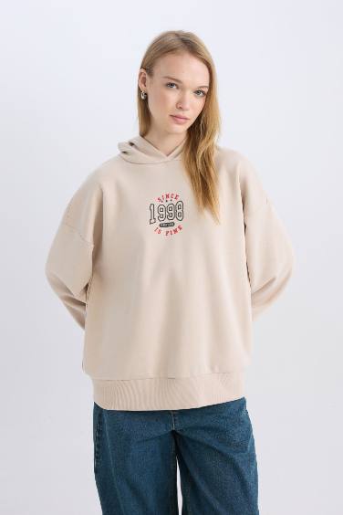 Bej Coool Loose Fit Baskılı Kapüşonlu Sweatshirt