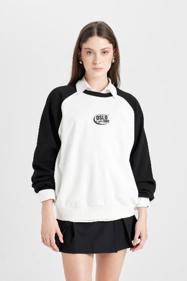 Coool Loose Fit Biisklet Yaka Renk Bloklu Baskılı Sweatshirt