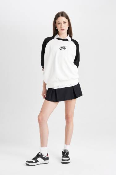 Coool Loose Fit Bisiklet Yaka Renk Bloklu Baskılı Sweatshirt