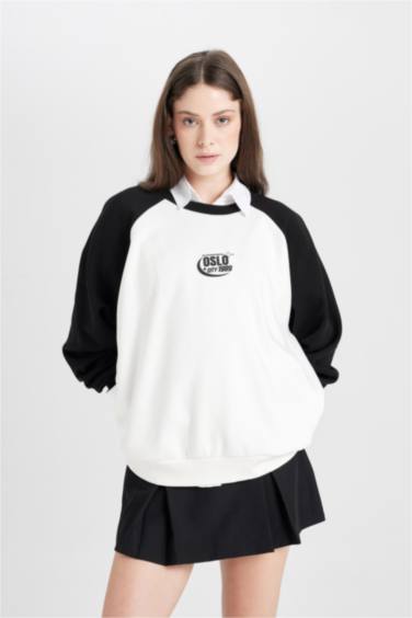 Coool Loose Fit Bisiklet Yaka Renk Bloklu Baskılı Sweatshirt