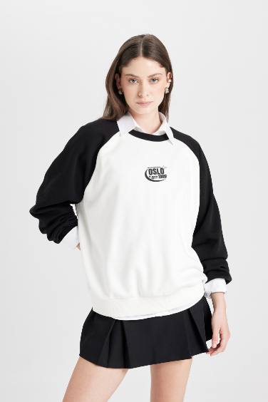 Coool Loose Fit Bisiklet Yaka Renk Bloklu Baskılı Sweatshirt