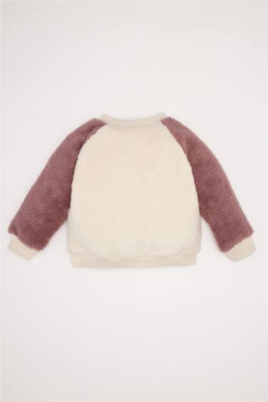 Baby Girl Printed Crew Neck Snap Closure Welsoft Plush Cardigan