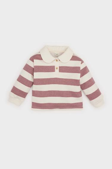 Baby Girl Baby Collar Soft Furry Striped Sweatshirt