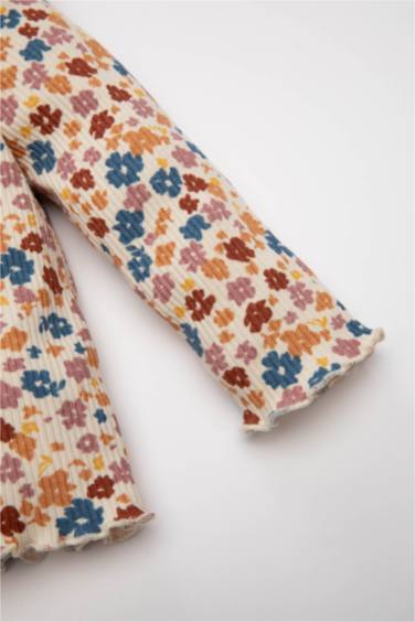 Kız Bebek Bisiklet Yaka Çiçekli Fitilli Kaşkorse Uzun Kollu Tişört