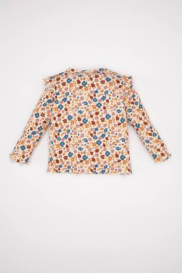 Kız Bebek Bisiklet Yaka Çiçekli Fitilli Kaşkorse Uzun Kollu Tişört