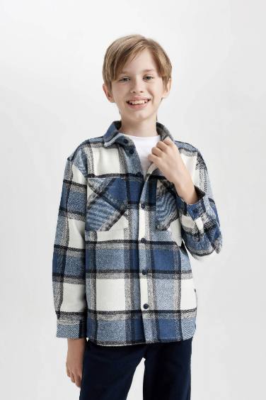 Boy Oversize Fit Polo Neck Flannel Long Sleeve Shirt