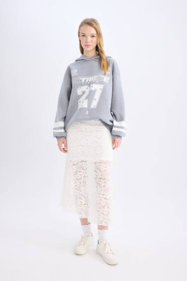 Coool Oversize Geniş Kalıp Kapüşonlu Baskılı Kalın Sweatshirt