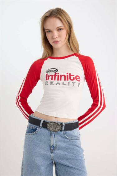 Coool Fitted Dar Kesim Bisiklet Yaka Baskılı Uzun Kollu Tişört