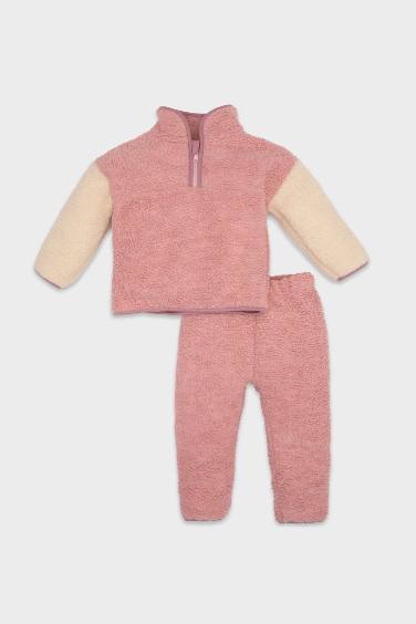 Baby Girl Plush Zippered Sweatshirt Sweatpants 2 Piece Set