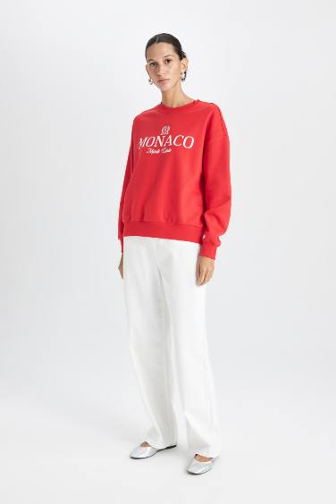 Relax Fit Bisiklet Yaka Baskılı Kalın Kırmızı Sweatshirt